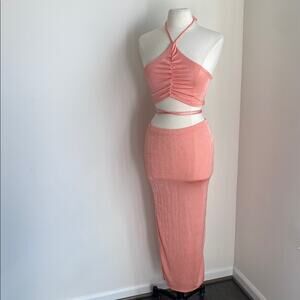 2 Piece Coral Skirt Set Womens Sz Small Stretch Summer Party Cocktail Rooftop